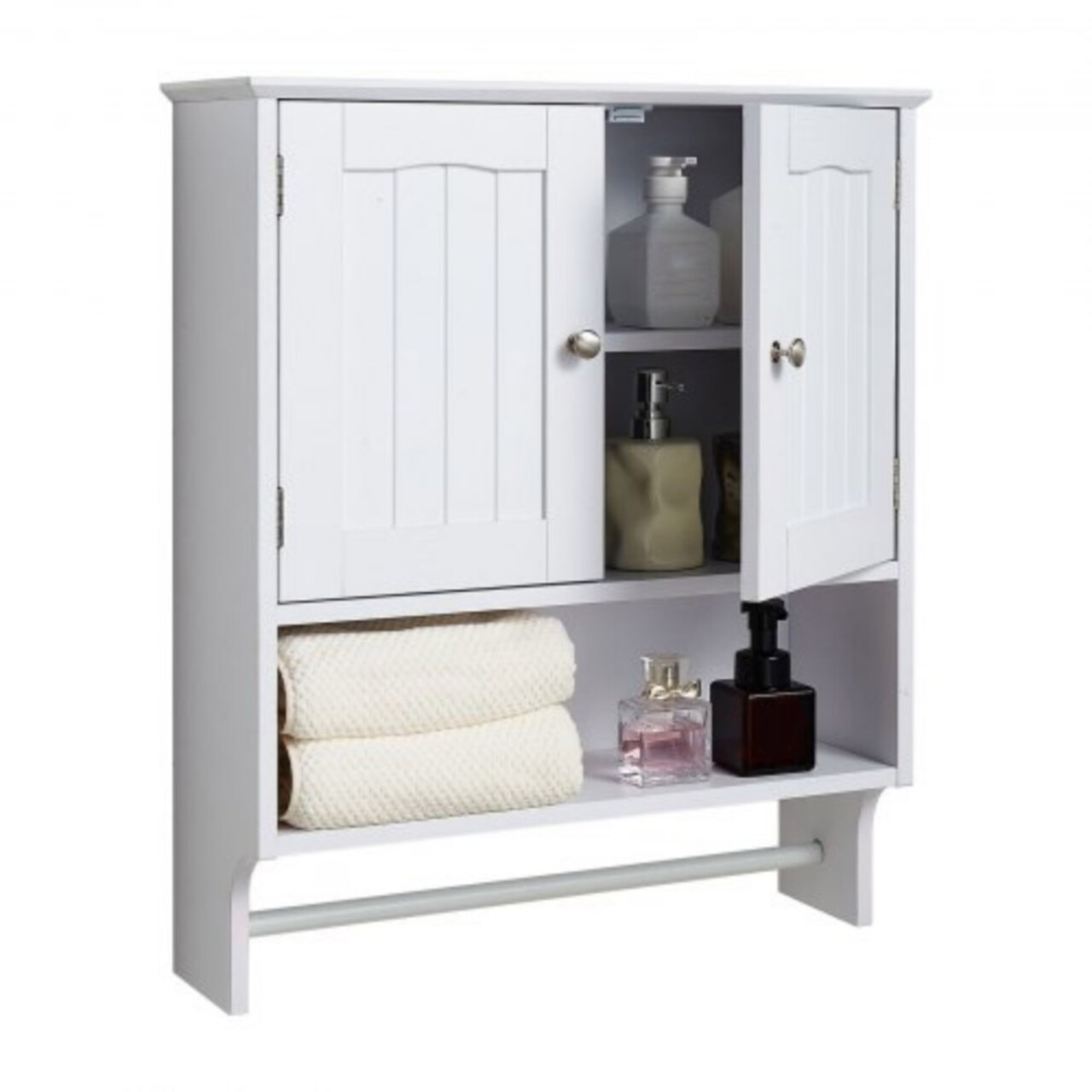 Wall-Mounted Bathroom Cabinet with 2 Doors, Shelves & Towel Bar
